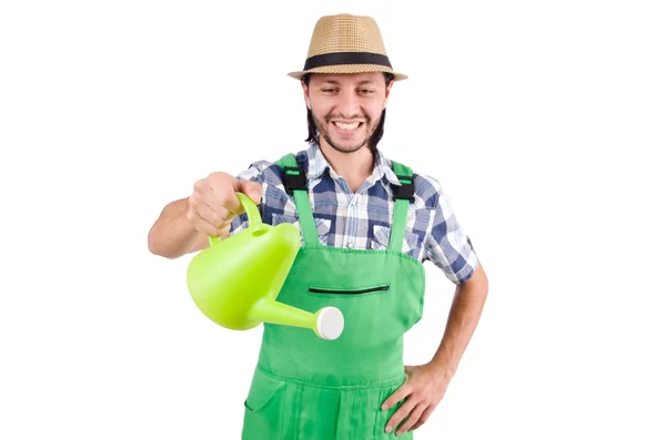 Joven jardinero alegre con regadera aislada en blanco — Foto de Stock