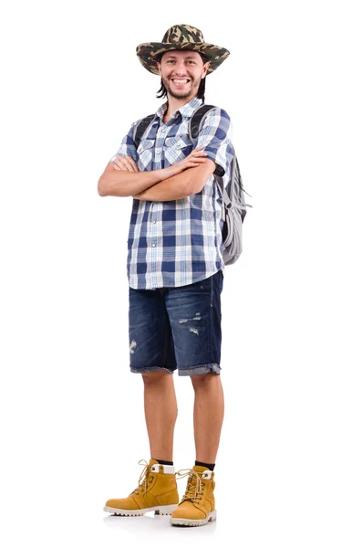 Young traveler with rucksack isolated on white — Stock Photo, Image