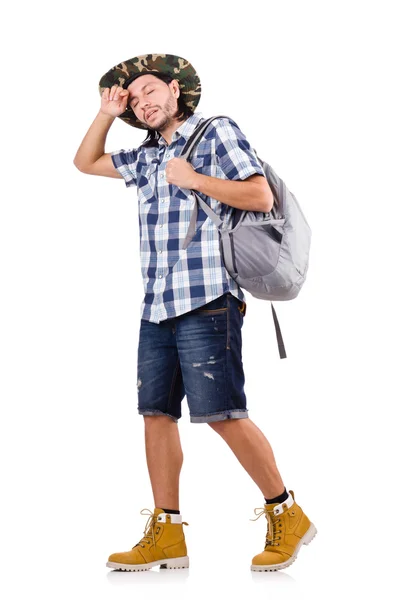 Young traveler with rucksack isolated on white — Stock Photo, Image