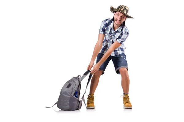 Unga resenären med ryggsäck isolerad på vit — Stockfoto