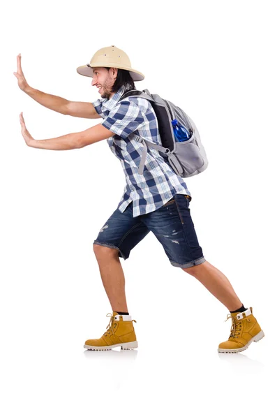 Jovem viajante com mochila isolada em branco — Fotografia de Stock