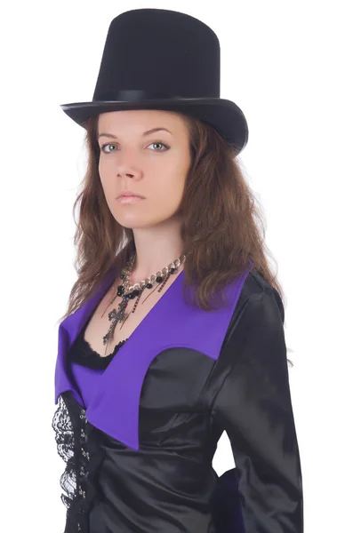 Mädchen in violettem und schwarzem Kleid isoliert auf weißem Grund — Stockfoto