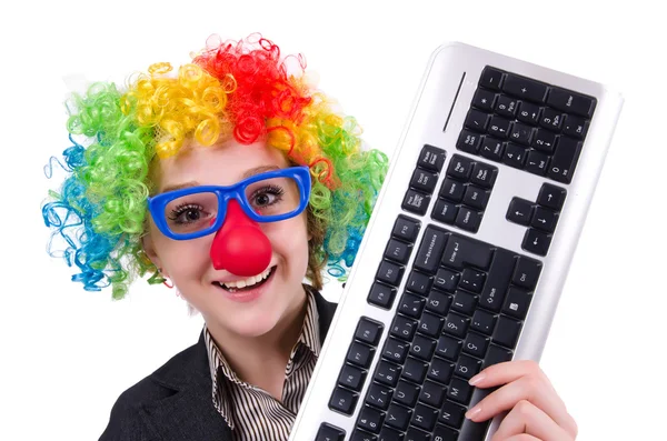 Affärsman med clown peruk isolerad på vit — Stockfoto