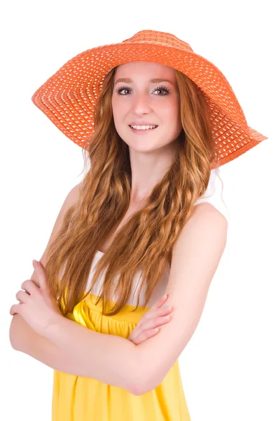 Jonge vrouw in gele zomerjurk geïsoleerd op wit — Stockfoto