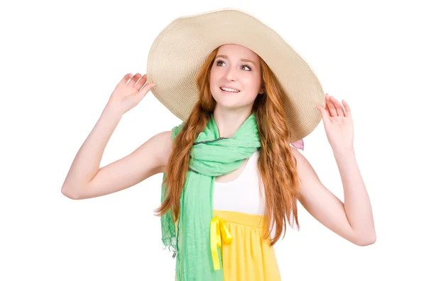 Young woman in yellow summer dress isolated on white — Stock Photo, Image