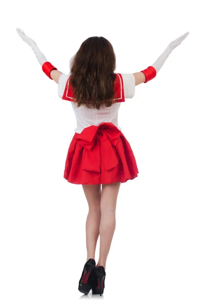 Modelo feminino vestindo vestido vermelho isolado no branco — Fotografia de Stock