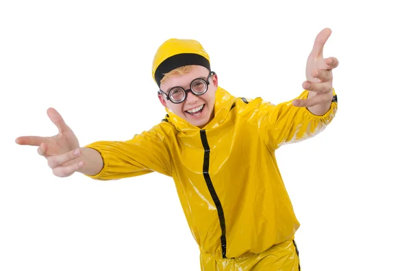 Hombre en traje amarillo aislado en blanco —  Fotos de Stock