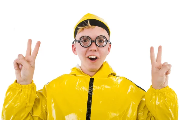 Hombre en traje amarillo aislado en blanco — Foto de Stock