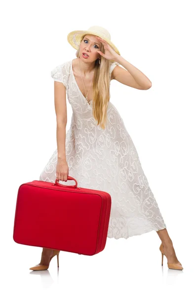 Woman with red suitcase — Stock Photo, Image