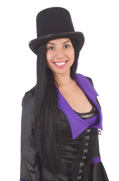 Donna in abito nero e viola isolato su bianco — Foto Stock