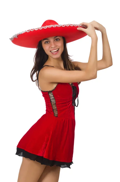 Mulher vestindo sombrero vermelho isolado no branco — Fotografia de Stock