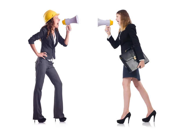 Mujer de negocios con altavoz y bolsa aislada en blanco — Foto de Stock