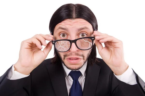 Empresario con gafas de ojo roto aisladas en blanco — Foto de Stock