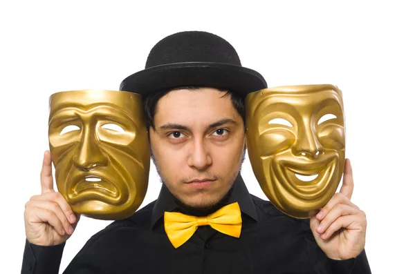 Jovem com máscara veneziana dourada isolado em branco — Fotografia de Stock