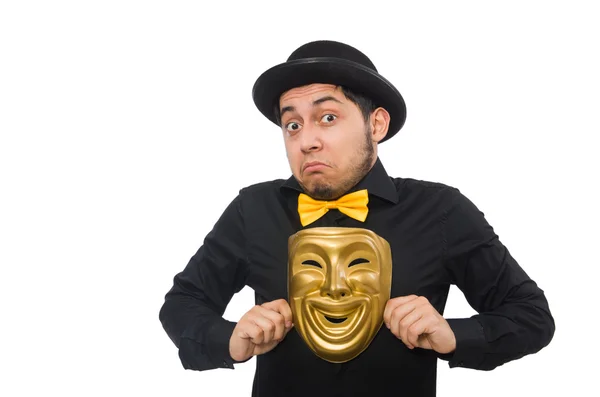 Hombre joven con máscara veneciana dorada aislada en blanco — Foto de Stock
