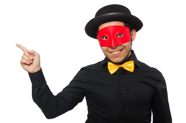 Un uomo indossa una maschera rossa isolata sul bianco — Foto Stock