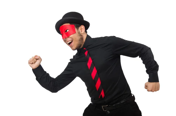 Jeune homme avec masque rouge isolé sur blanc — Photo