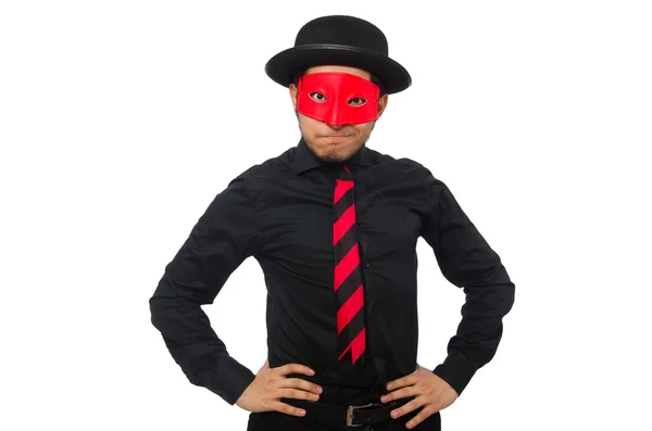 Young man with red mask isolated on white — Stock Photo, Image