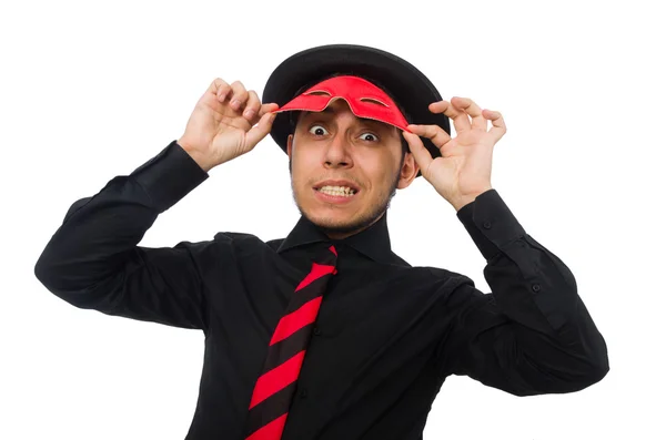 Mladý muž s červenou maskou izolovaný na bílém — Stock fotografie