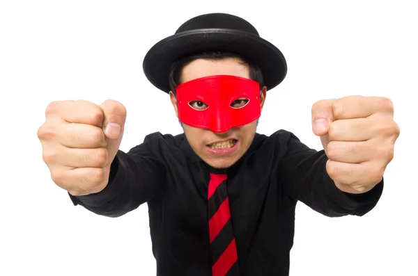 Young man with red mask isolated on white — Stock Photo, Image