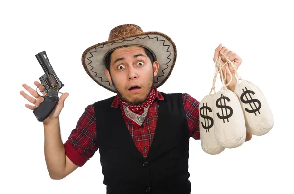 Young cowboy with gun and money bags isolated on white — Stock Photo, Image