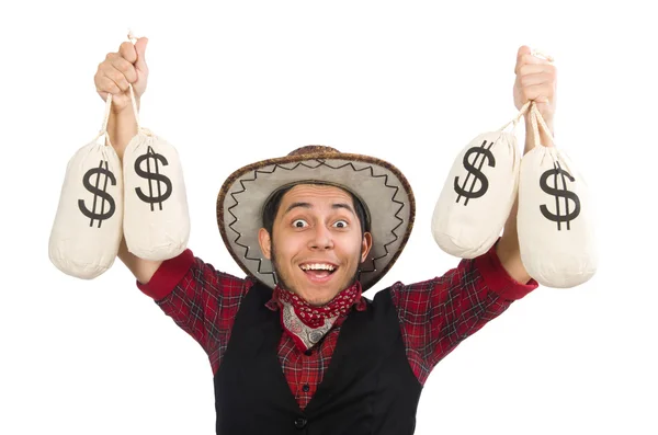 Vaquero joven con bolsas de dinero aisladas en blanco —  Fotos de Stock
