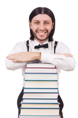 Kitapları beyaza saklanmış komik bir öğrenci.