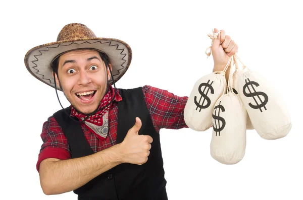 Jovem cowboy com sacos de dinheiro isolado em branco — Fotografia de Stock