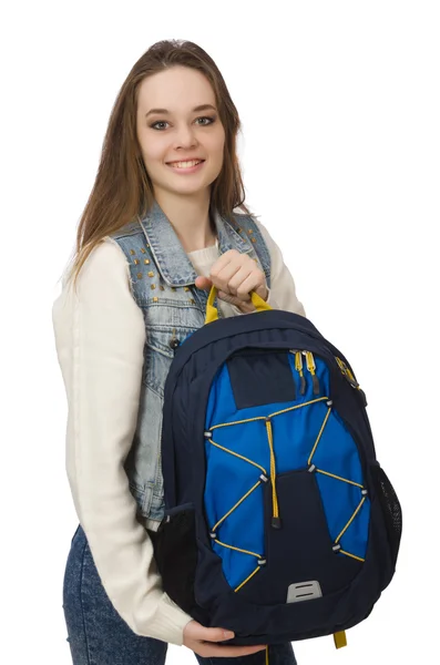 Menina bonita com mochila isolada no branco — Fotografia de Stock