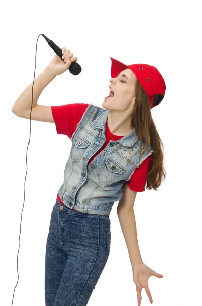 Menina bonita canta karaoke isolado no branco — Fotografia de Stock