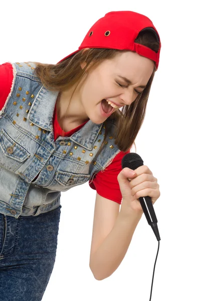 Güzel kız beyazlar içinde karaoke söylüyor. — Stok fotoğraf