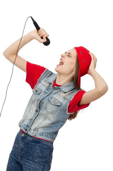 Hübsches Mädchen singt Karaoke isoliert auf Weiß — Stockfoto