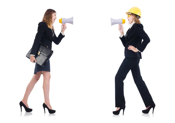 Donne con casco e altoparlante su bianco — Foto Stock