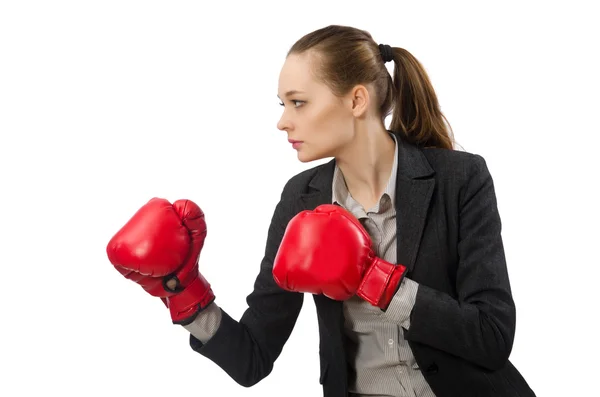 Empresária com luvas de boxe isolada em branco — Fotografia de Stock