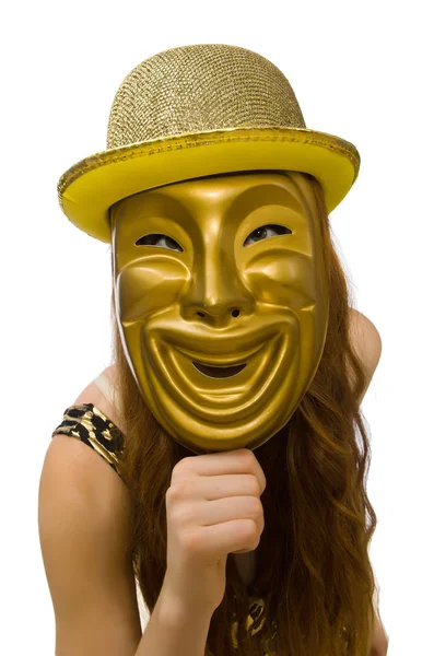 Ragazza in maschera d'oro isolato su bianco — Foto Stock