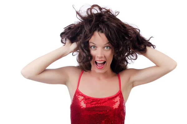 Pretty girl in red dress isolated on white — Stock Photo, Image