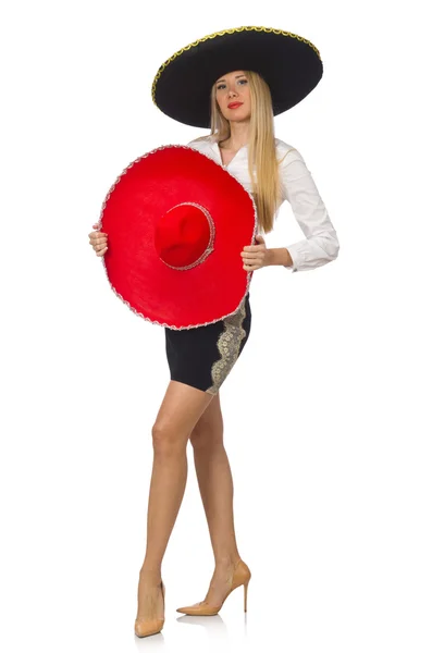 Woman wearing sombrero isolated on white — Stock Photo, Image