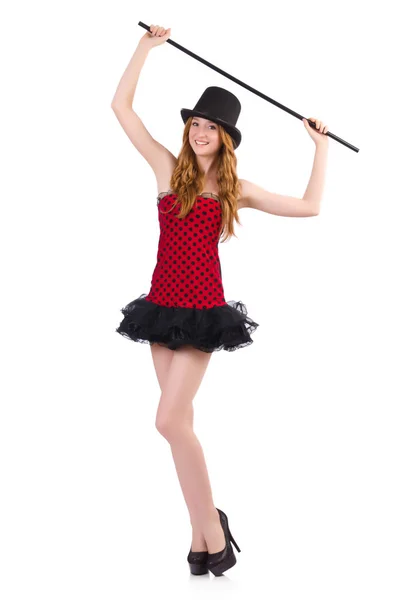 Menina no vestido vermelho polka-dot isolado no branco — Fotografia de Stock