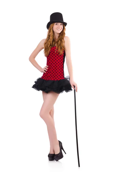 Menina no vestido vermelho polka-dot isolado no branco — Fotografia de Stock