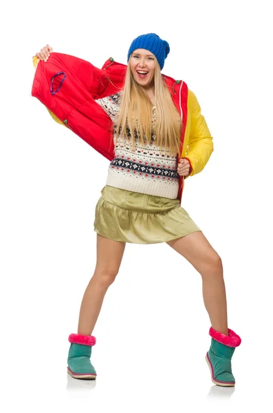 Een meisje in heldere winterkleding geïsoleerd op wit — Stockfoto