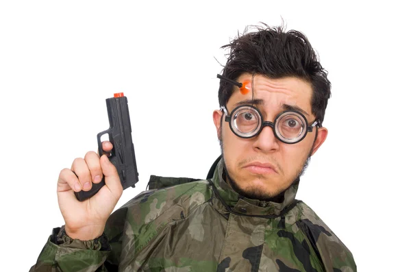 Militaire man met speelgoed pistool — Stockfoto
