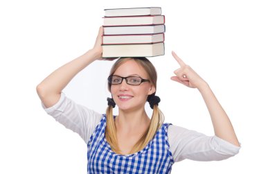 Bir yığın kitabı olan komik öğrenci.