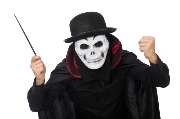 Uomo in costume horror con maschera isolata su bianco — Foto Stock