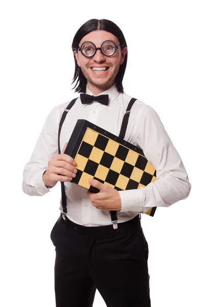 Homme drôle avec échiquier isolé sur blanc — Photo