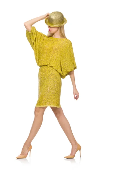 Piuttosto alta donna in abito giallo isolato su bianco — Foto Stock