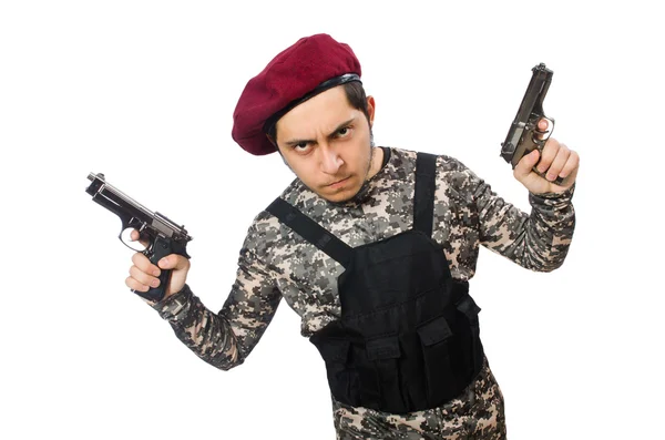 Soldato con un'arma isolata su bianco — Foto Stock