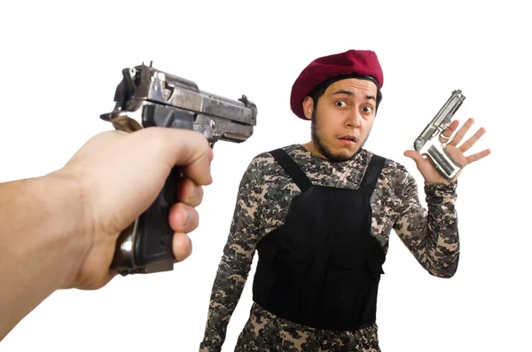 Soldat mit Waffe auf weißem Hintergrund — Stockfoto