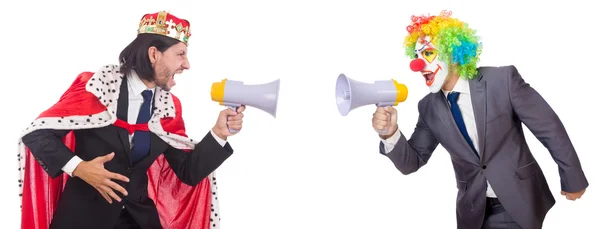 Payaso hombre de negocios con altavoz en blanco — Foto de Stock