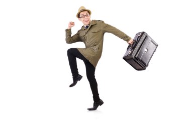 Evrak çantalı genç adam beyazın üzerinde izole edilmiş.