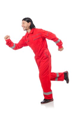 Kırmızı tulum içinde sanayi işçisi